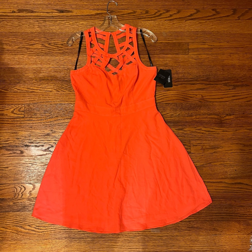 Guess brand, Coral colored basket weave fit and flare shirt dress